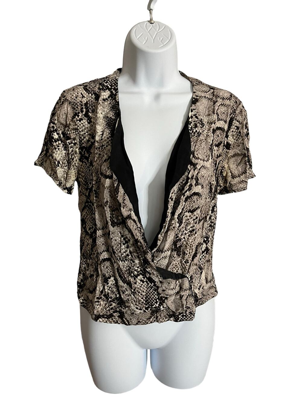 BCBGMaxazria 100% silk short sleeve snake print surplice deep V Neck top small
